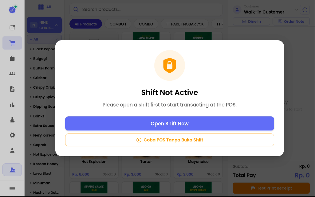 Dialog Buka Shift