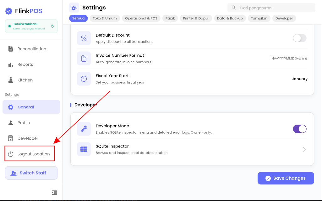 Menu Logout Location pada Sidebar